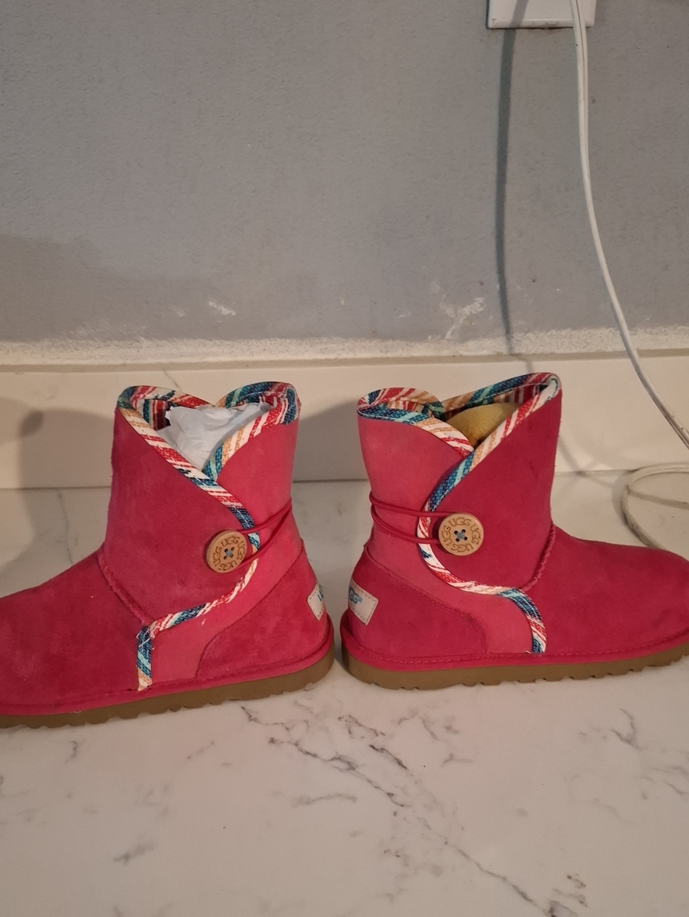 UGG Kids Pink Suede Boots with Multicolor Cuff